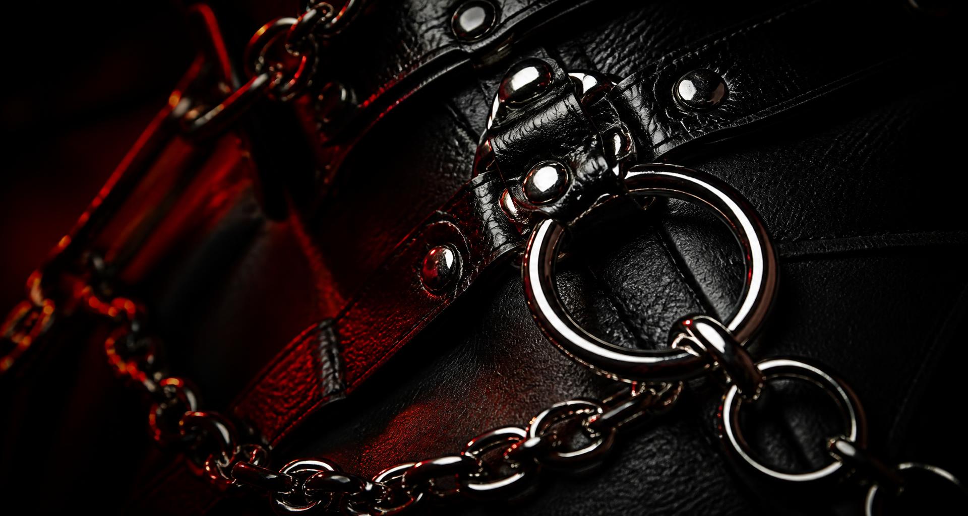 Black leather fetish gear with chrome hardware in red rim light